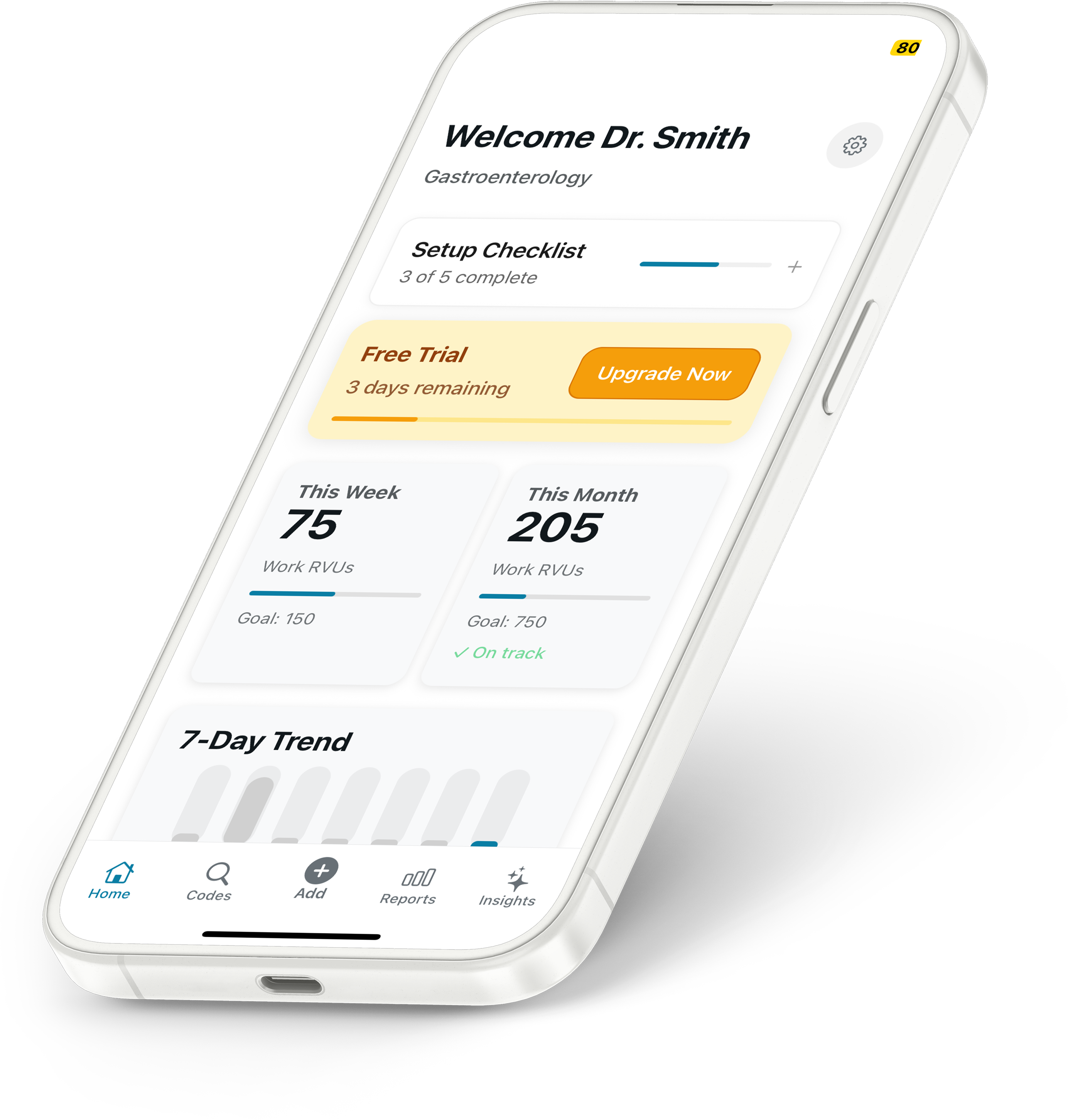 RVU Tracker App showing physician dashboard with RVU tracking, goals, and analytics